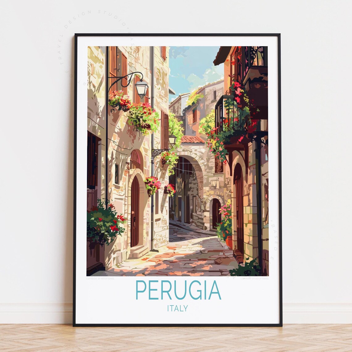Perugia Italy Old Town Street with Flowers and Stone Arches Poster