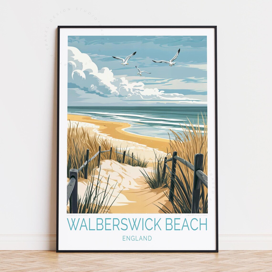 Walberswick Beach England Dunes Seagulls Coastal Retro Travel Poster