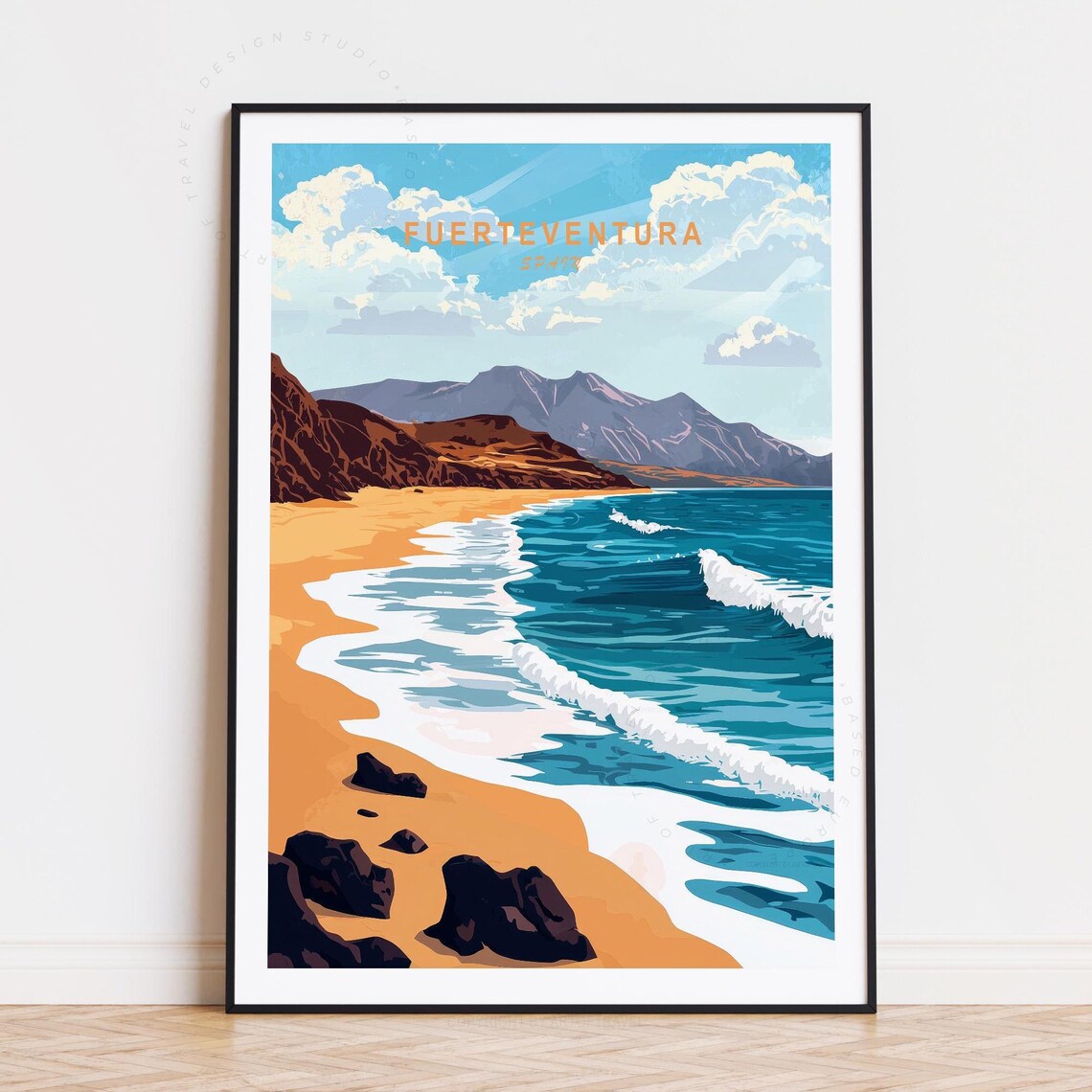 Fuerteventura Spain Golden Beach Surf Waves Mountain Coast Poster