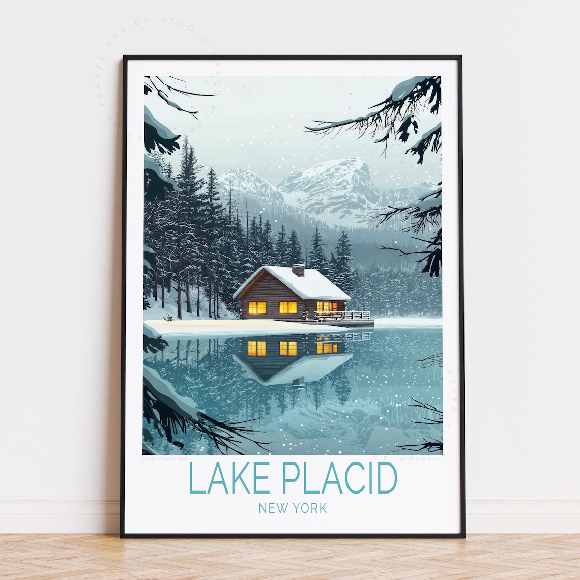 Lake Placid New York Winter Cabin Lake Reflection Travel Poster