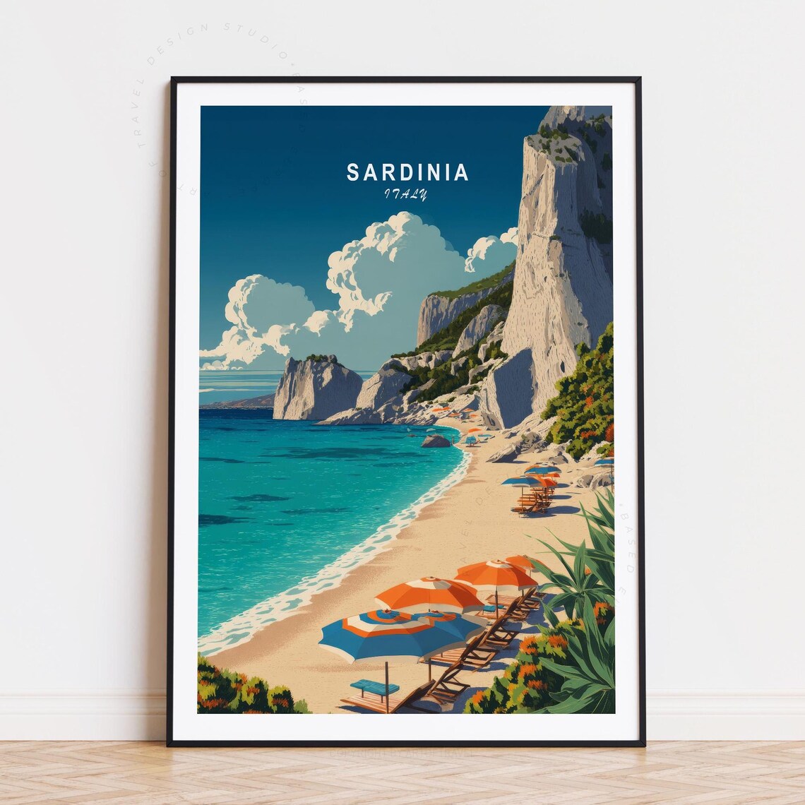 Sardinia Italy Beach Umbrellas Cliffs Turquoise Sea Travel Poster