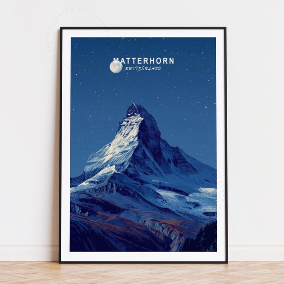 Matterhorn Switzerland Moonlit Peak Starry Night Travel Poster