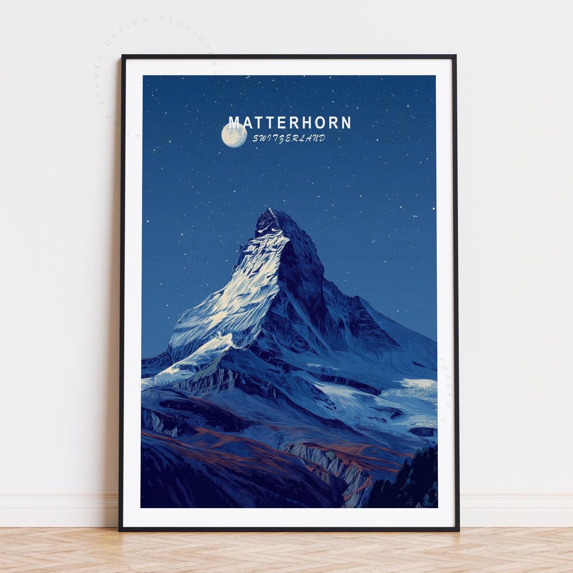 Matterhorn Switzerland Moonlit Peak Starry Night Travel Poster
