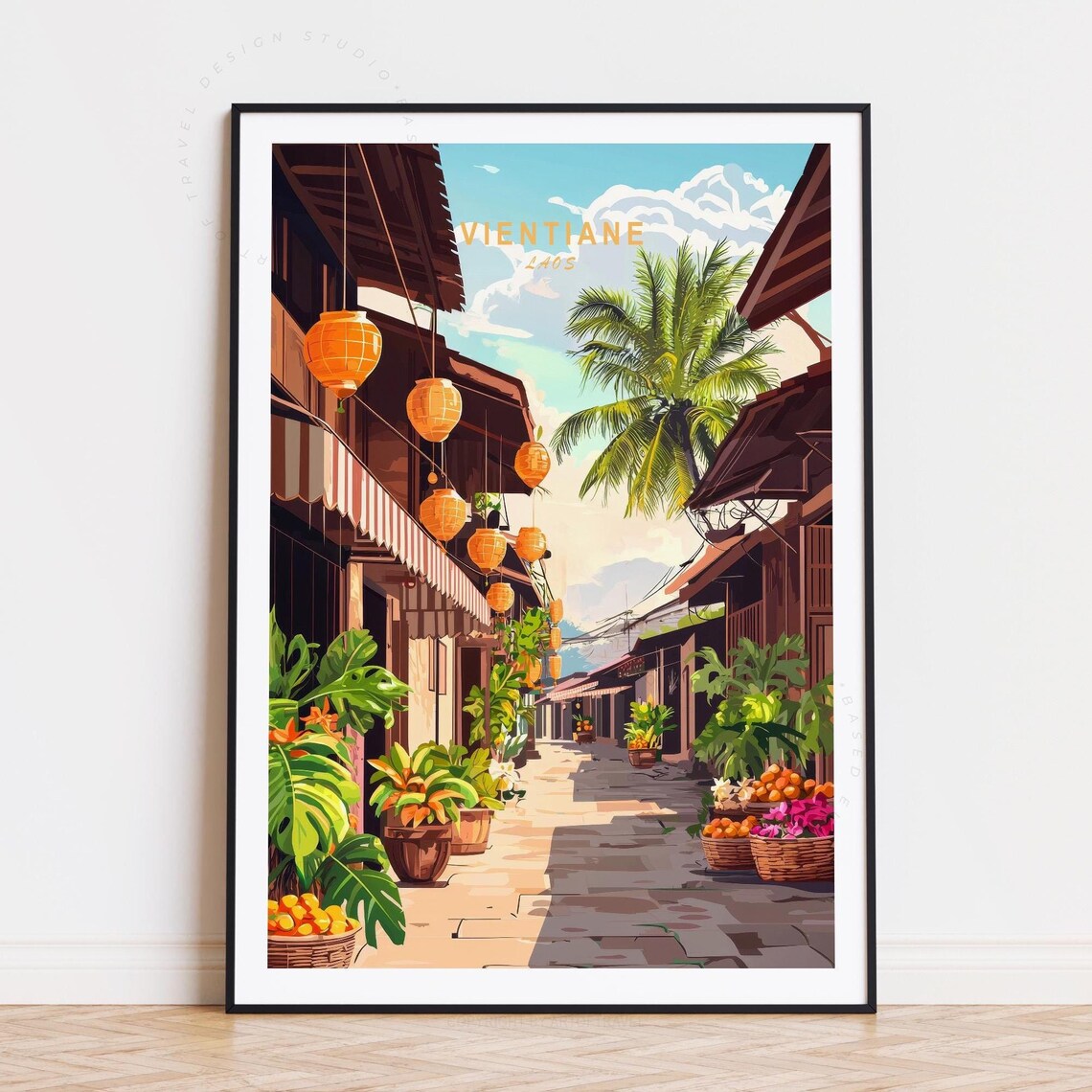 Vientiane Laos Old Town Lantern Street Market Scene Travel Poster
