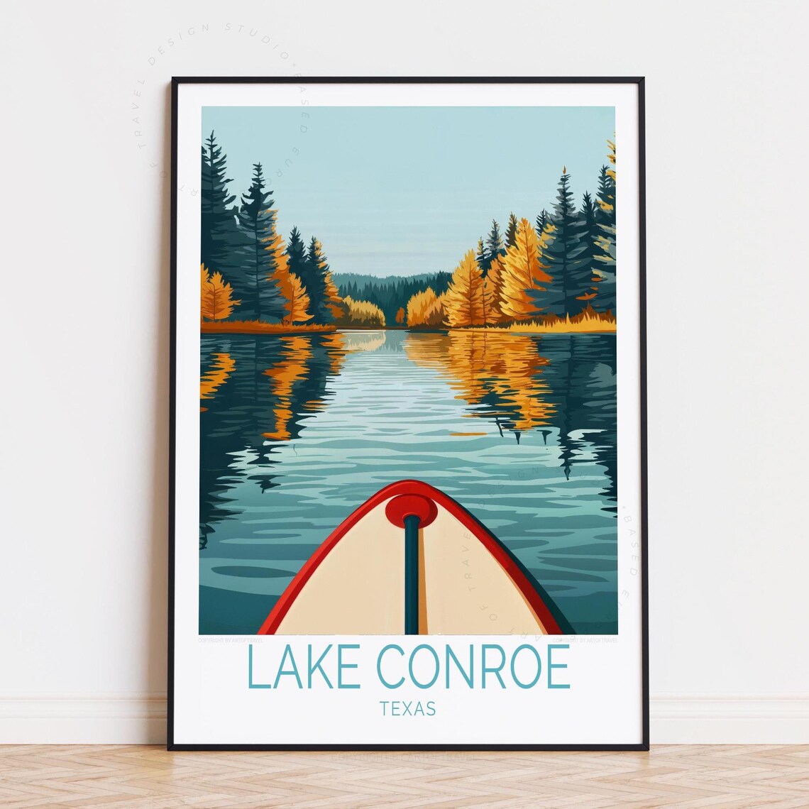 Lake Conroe Texas Canoe Bow Calm Water Pine Forest Travel Poster