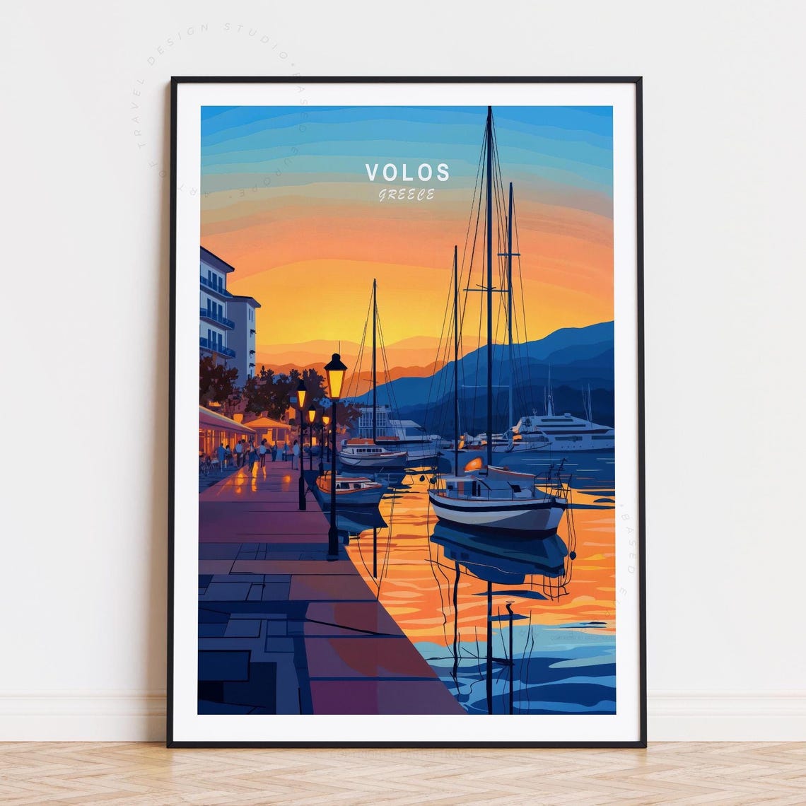 Volos Greece Golden Sunset Harbor Sailboats Lamps Quay Poster