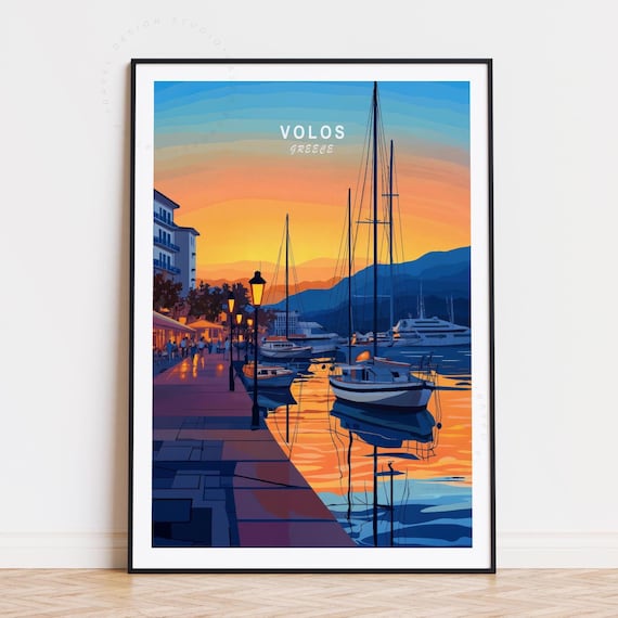 Volos Greece Golden Sunset Harbor Sailboats Lamps Quay Poster