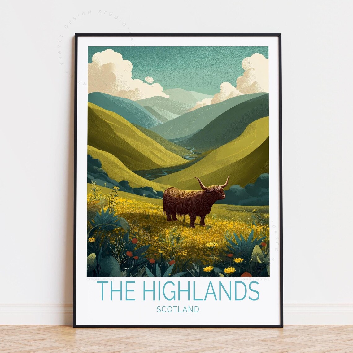 The Highlands Scotland Travel Poster Highland Cow Mountain Art
