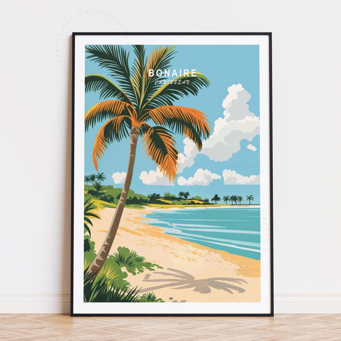 Bonaire Caribbean Tropical Beach Palm Shadow Vintage Travel Poster