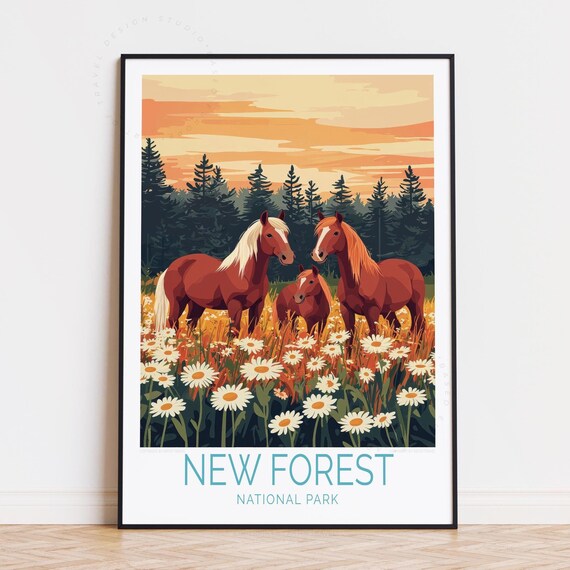 New Forest National Park Wild Horses Daisy Meadow Retro Poster