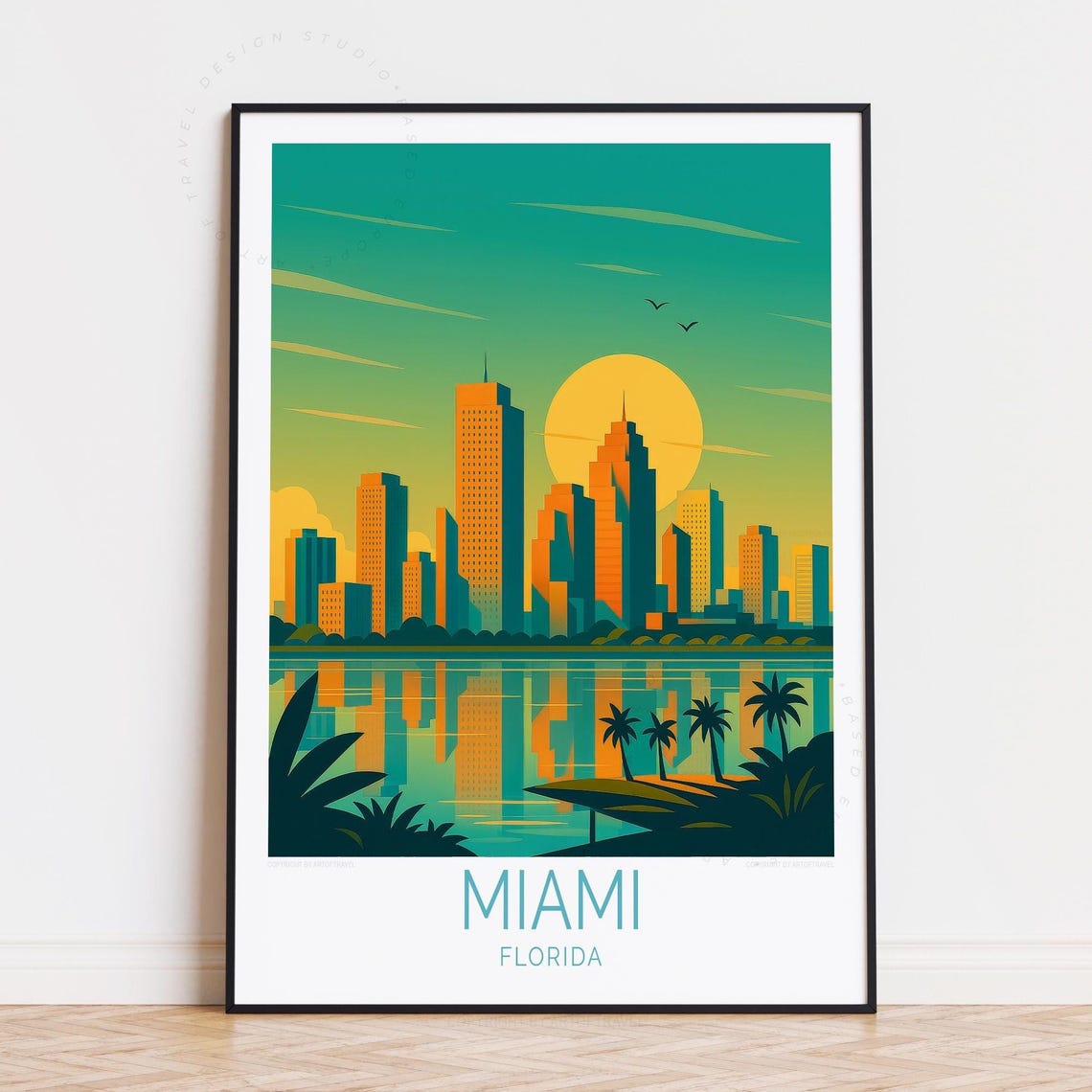 Miami Florida Skyline Sunset Palm Trees Art Deco Travel Poster
