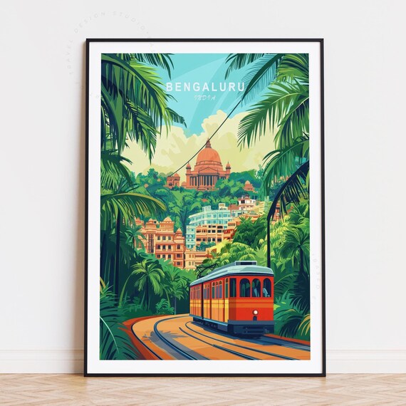 Bengaluru India Heritage Tram Tropical Palm City Retro Poster