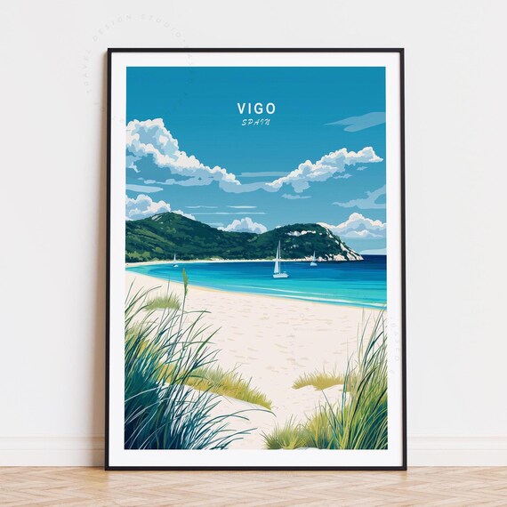 Vigo Spain Turquoise Cove Beach Dune Grass Sailboats Travel Poster