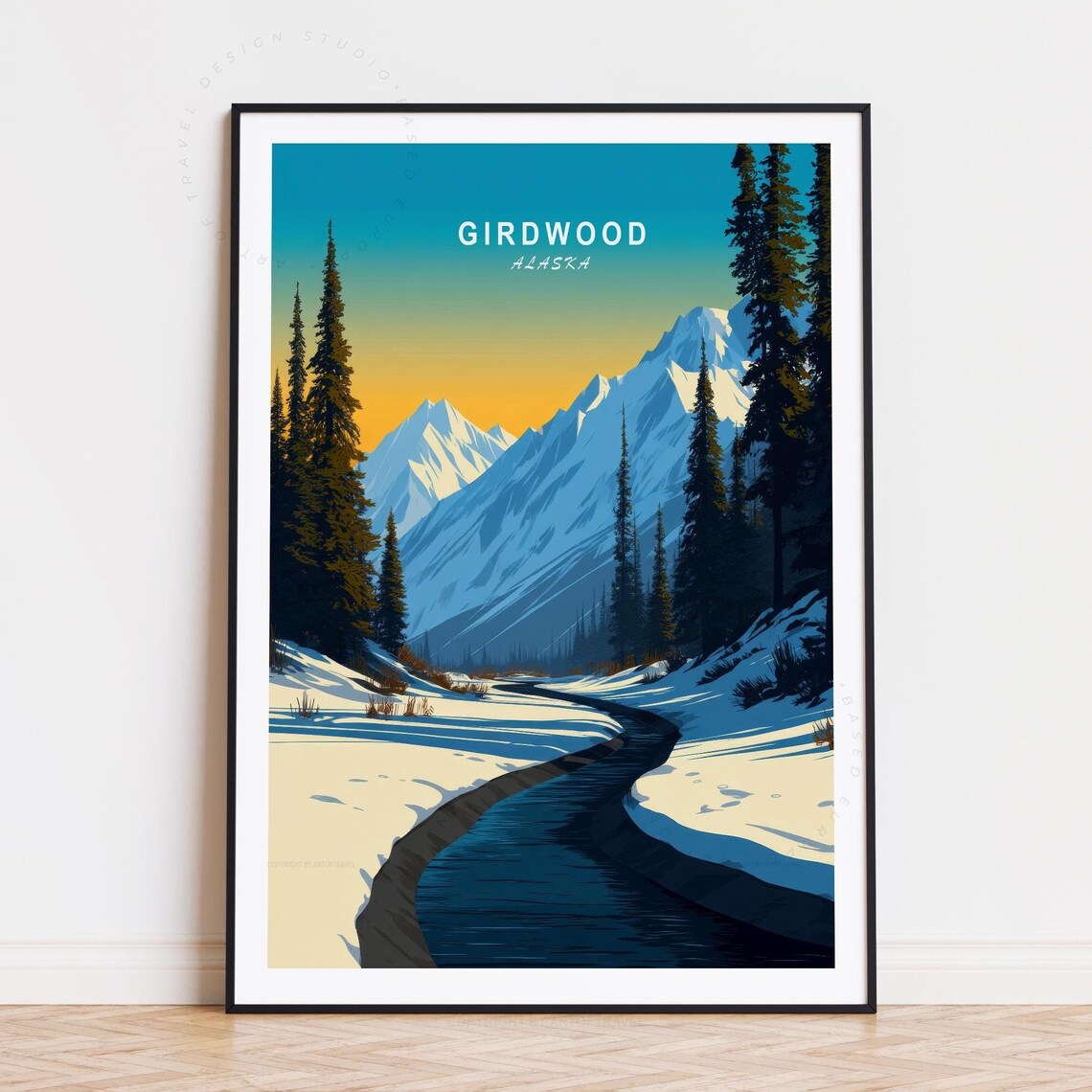 Girdwood Alaska Winding Winter River Pines Golden Sky Poster
