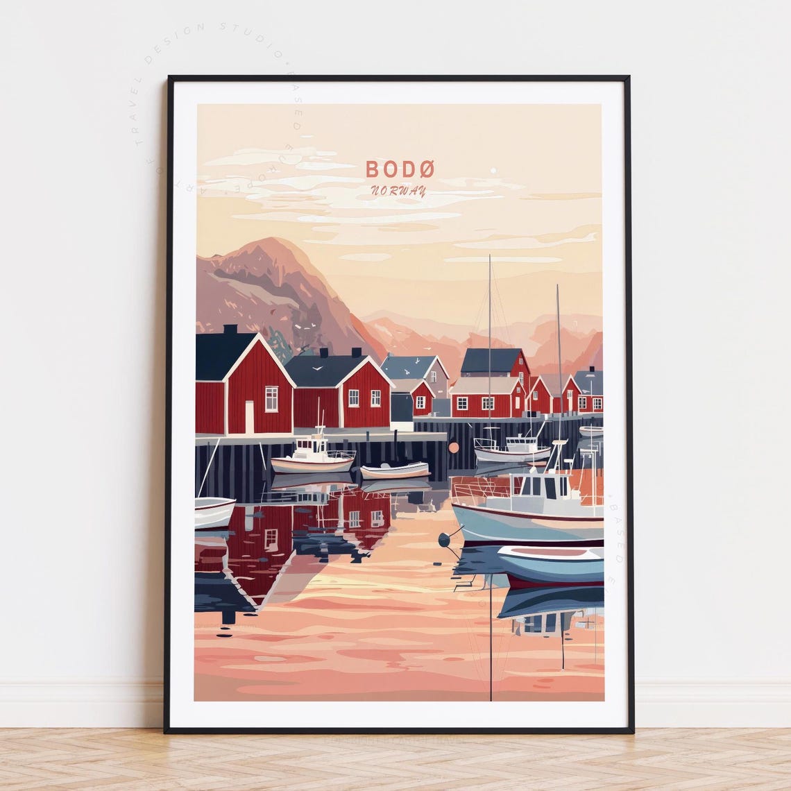 Bodø Norway Red Fishing Cabins Harbor With Tall Mountains Poster