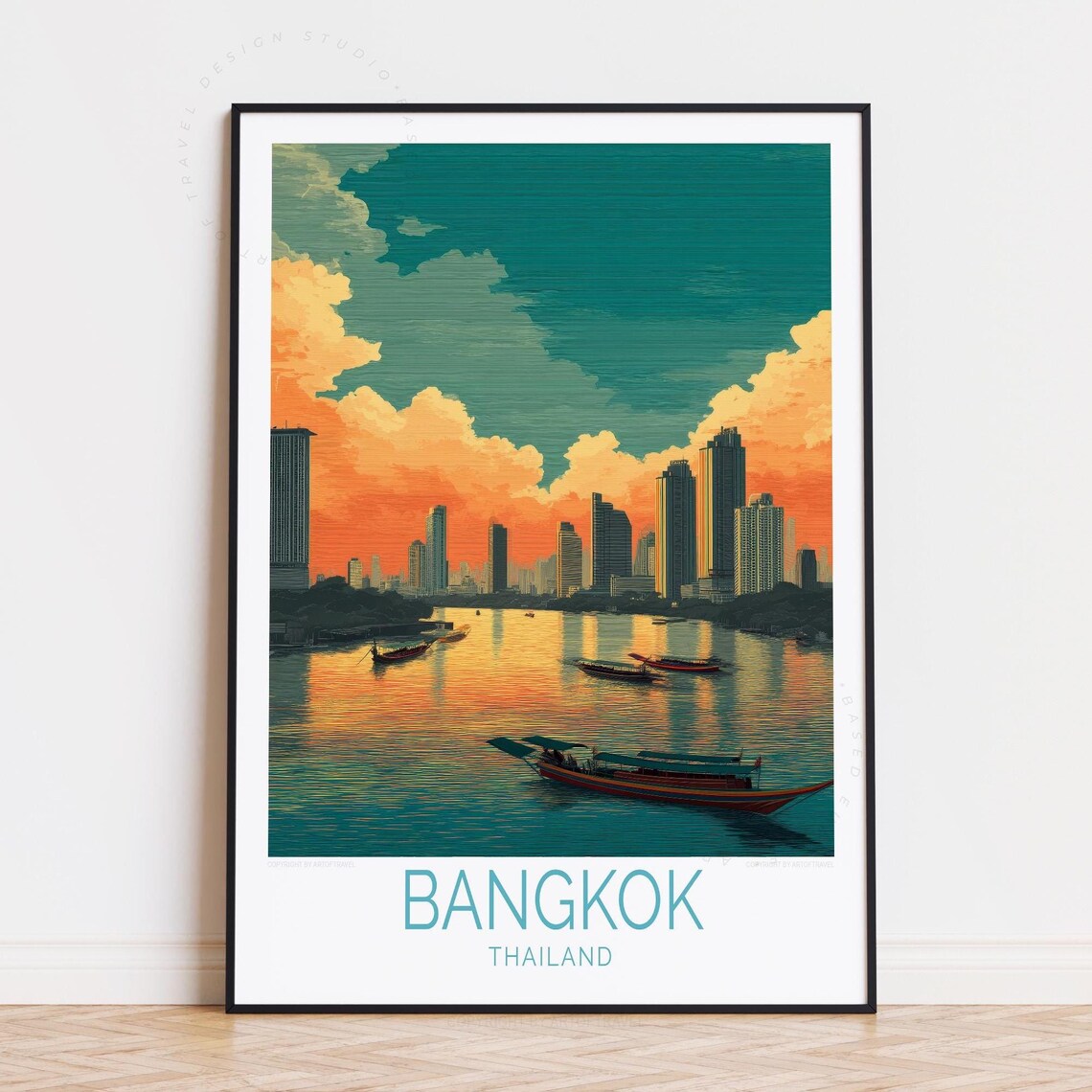 Bangkok Thailand Longtail Boats Sunset River Teal Cloud Travel Poster