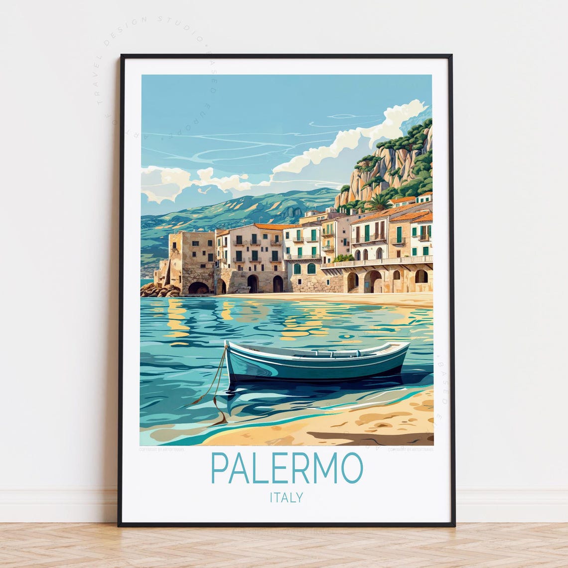 Palermo Italy Historic Harbor Waterfront Cliffs Vintage Travel Poster