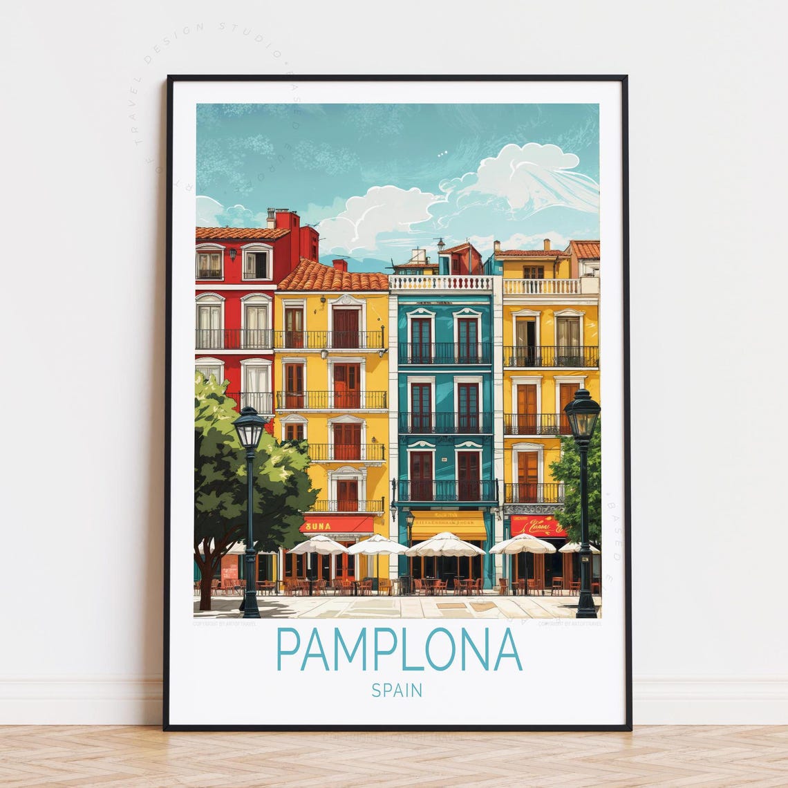Pamplona Spain Travel Poster Colorful Old Town Square Buildings Art