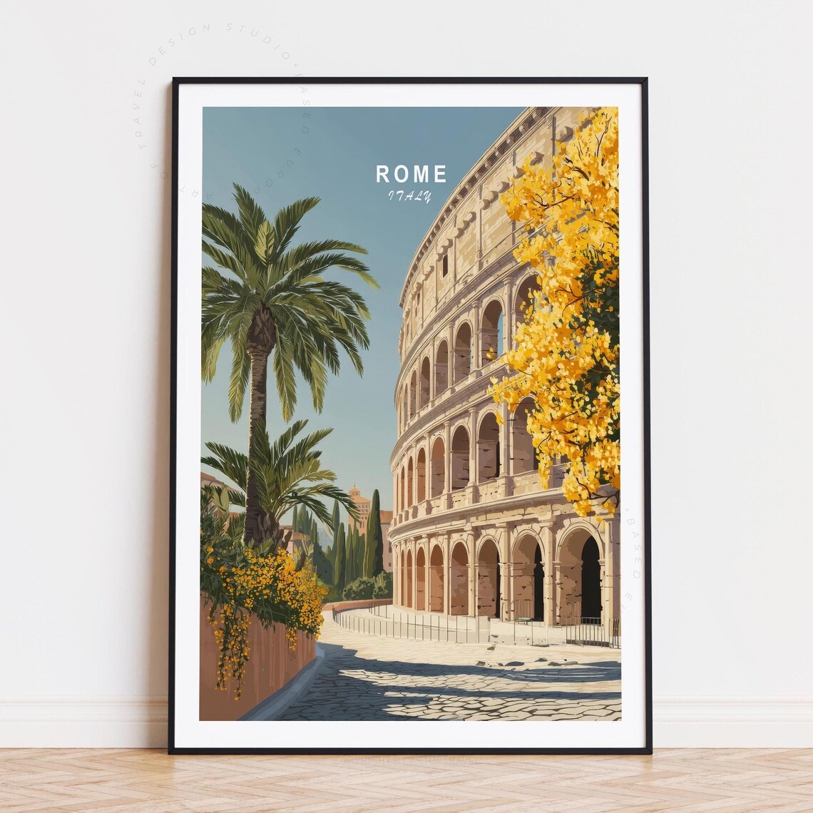 Rome Italy Colosseum Palm Trees Golden Blossom Travel Poster