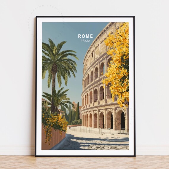 Rome Italy Colosseum Palm Trees Golden Blossom Travel Poster
