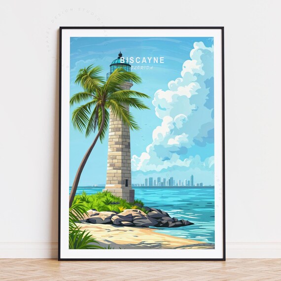 Biscayne Florida Stone Lighthouse City Skyline Coastal Travel Poster