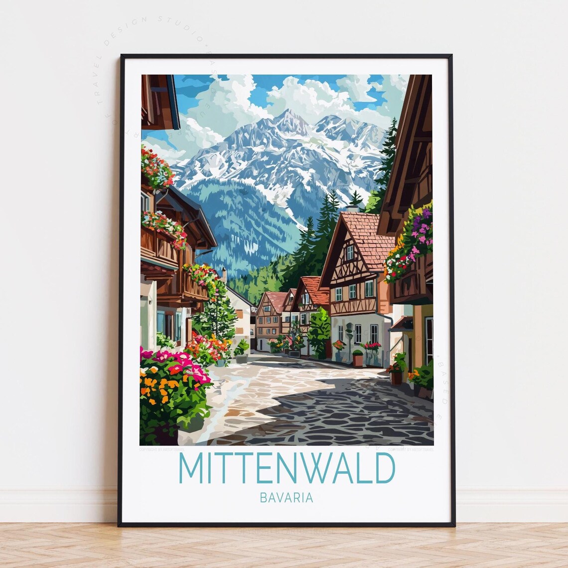 Mittenwald Bavaria Alpine Village Street Snowy Peaks Travel Poster