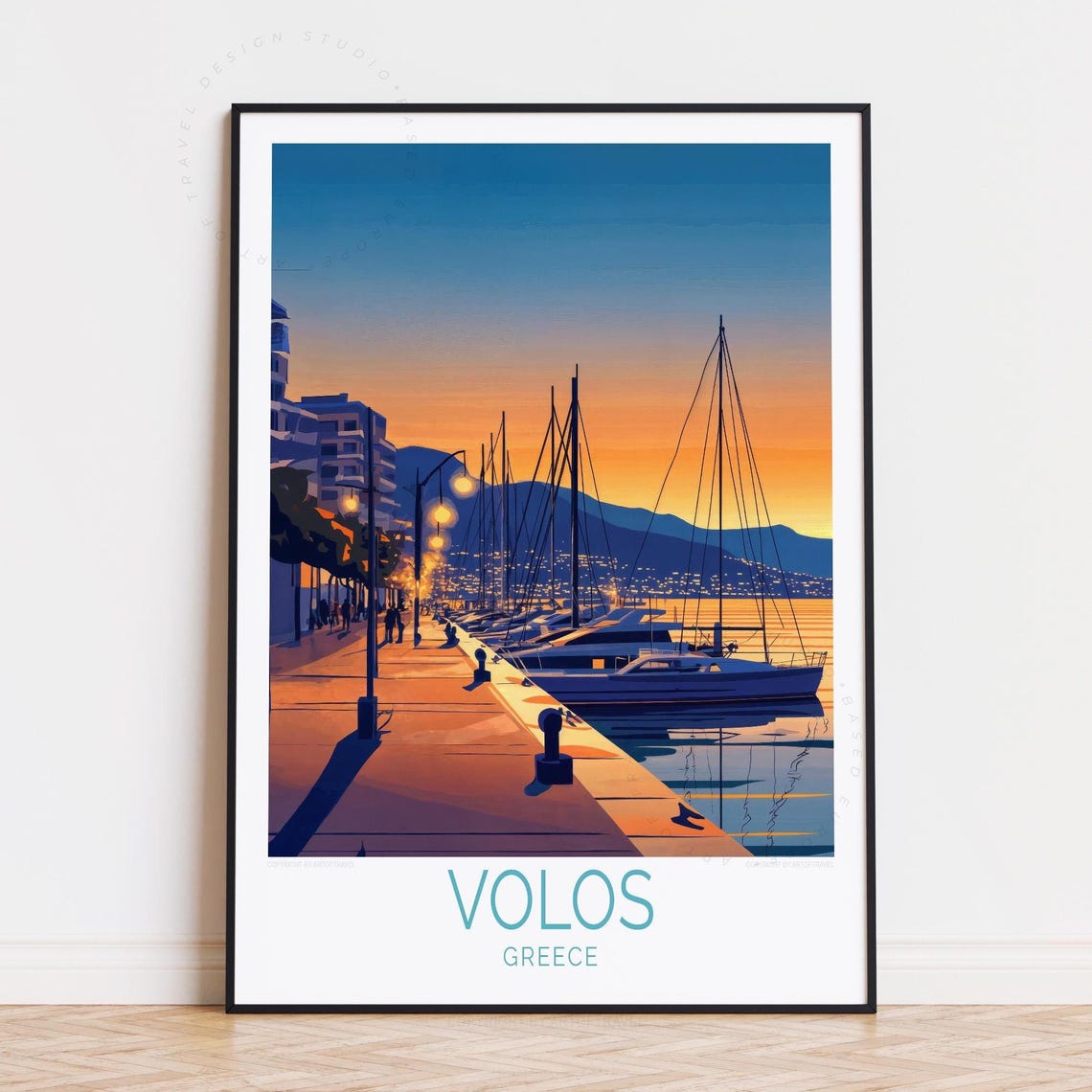 Volos Greece Sunset Harbor Sailboat Marina Promenade Travel Poster
