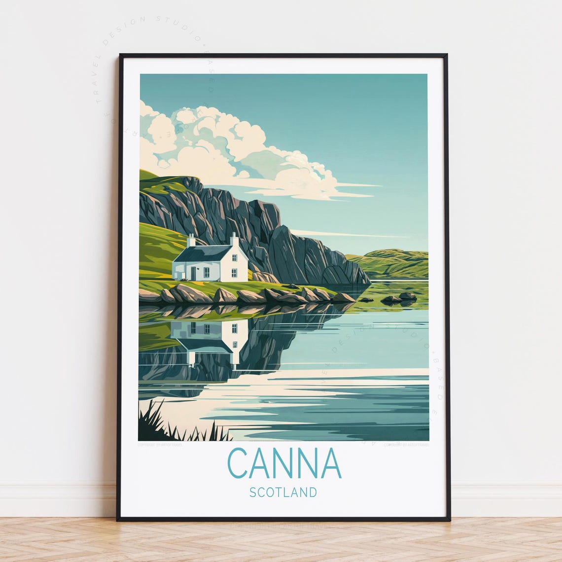 Canna Scotland White Cottage Loch Reflection Vintage Travel Poster