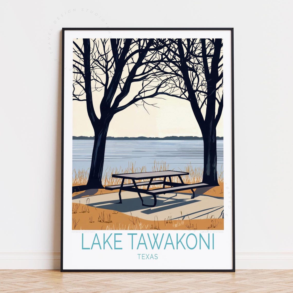 Lake Tawakoni Texas Minimalist Picnic Table Lakeside Bare Trees Poster
