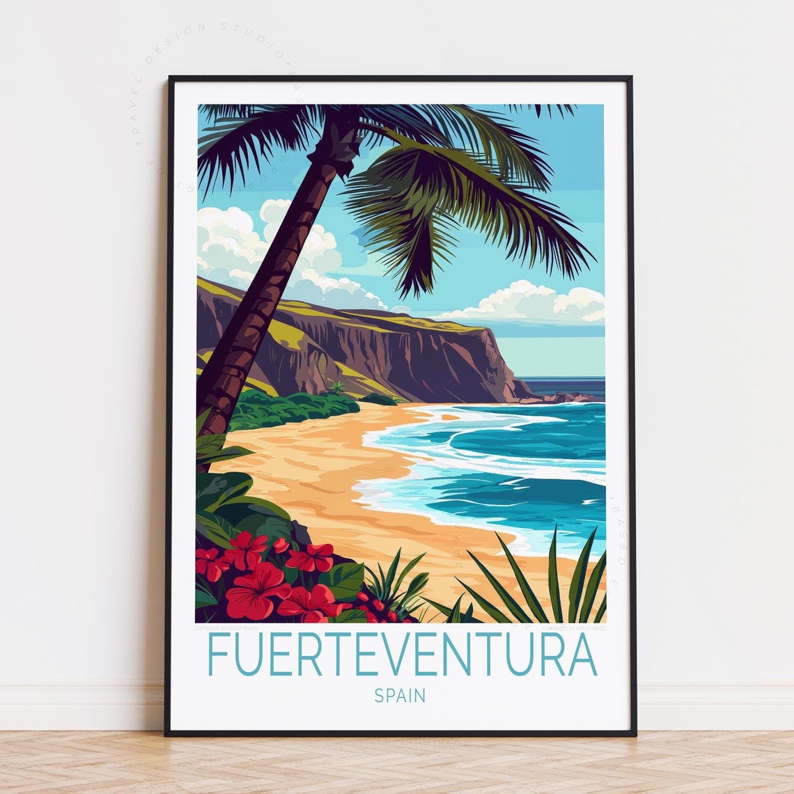 Fuerteventura Spain Tropical Palm Cove Cliffs Beach Travel Poster