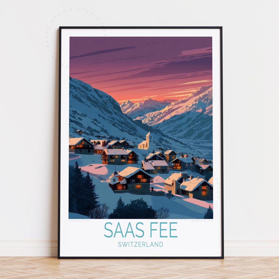 Saas Fee Switzerland Snowy Chalets Glowing Windows Sunset Poster
