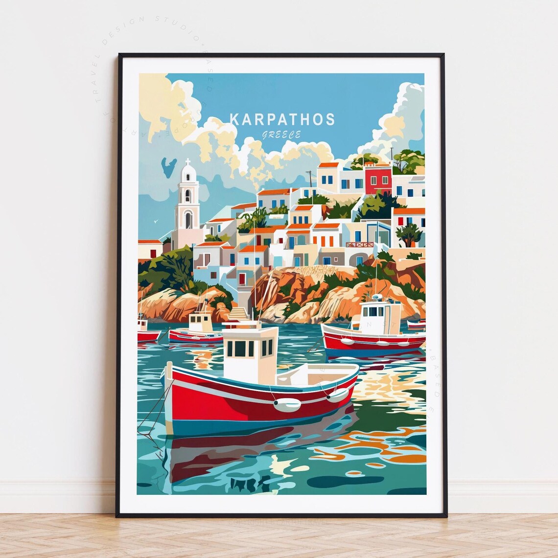 Karpathos Greece Island Village and Harbor Vintage Travel Art Poster