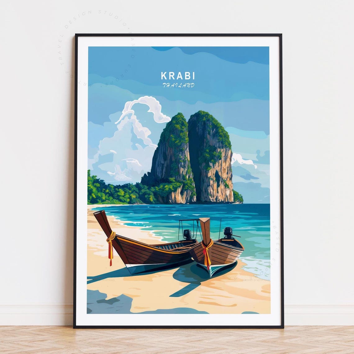 Krabi Thailand Limestone Cliffs Longtail Boats Tropical Beach Poster