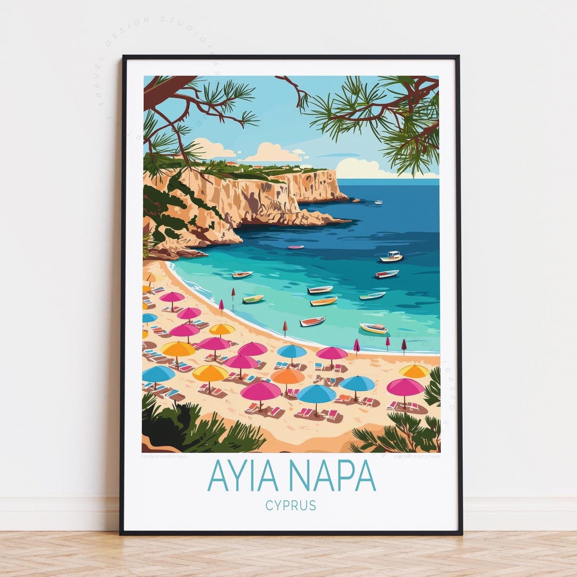 Ayia Napa Cyprus Beach Umbrellas Turquoise Bay Travel Poster