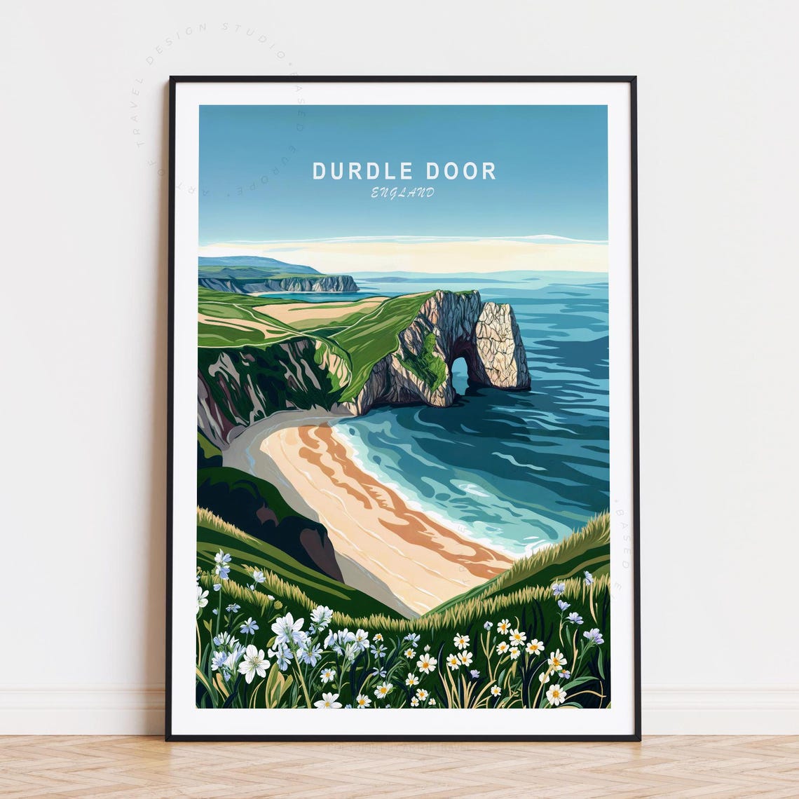 Durdle Door England Limestone Arch Coastal Beach Wildflowers Poster