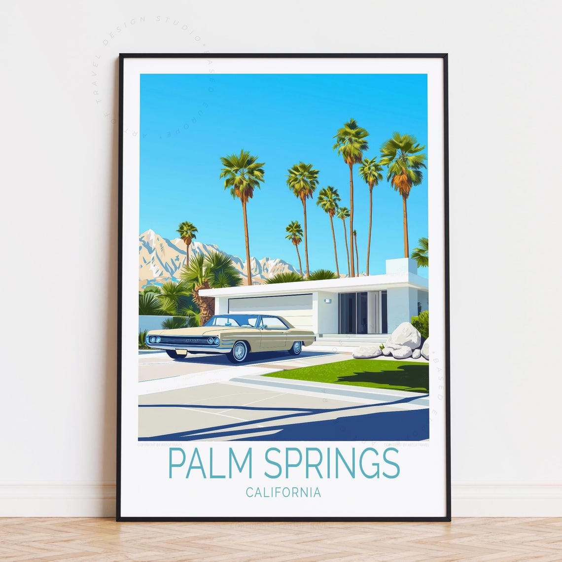 Palm Springs California Classic Car Mid Century House Palm Tree Poster