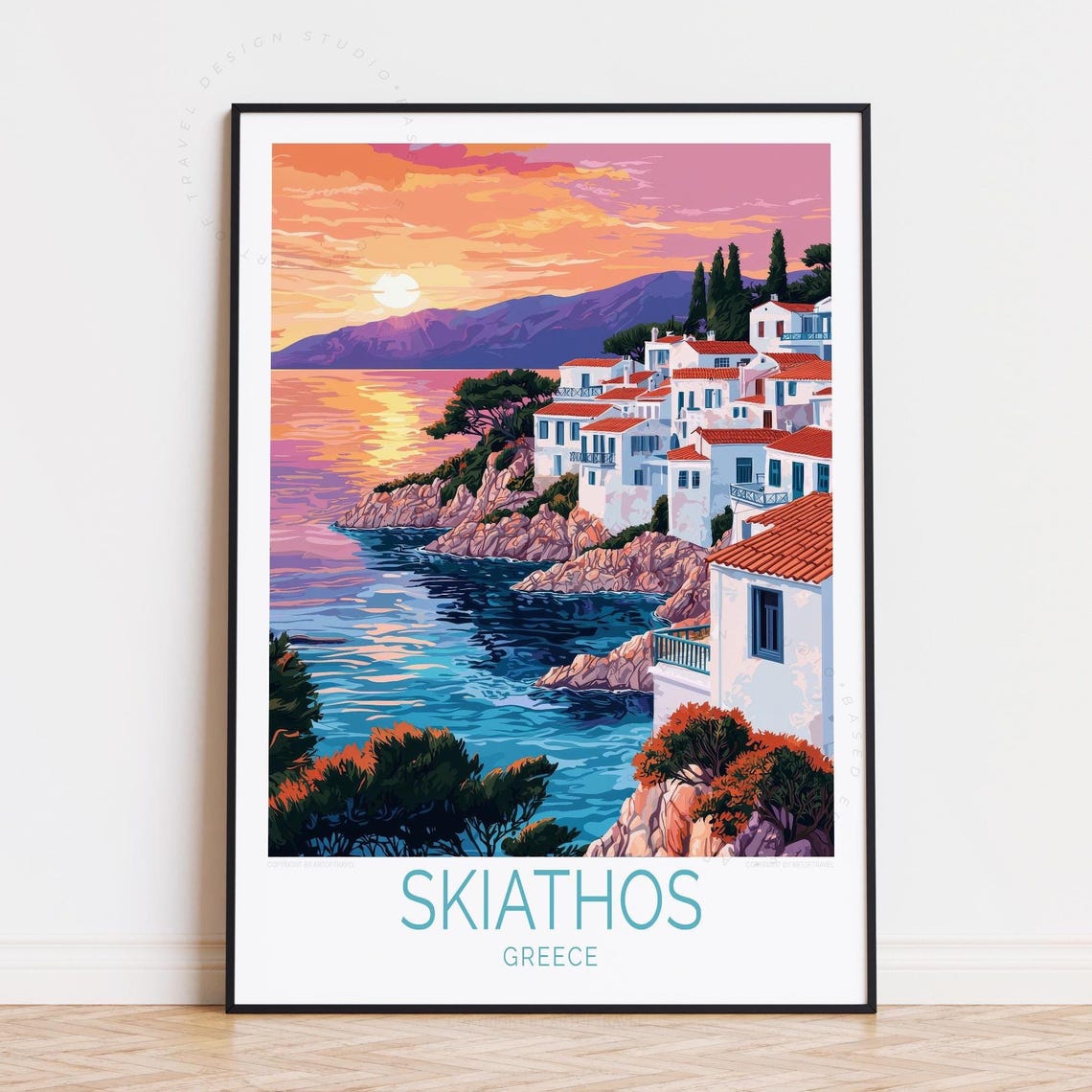 Skiathos Greece Golden Sunset Aegean Sea Rocky Cove Retro Poster