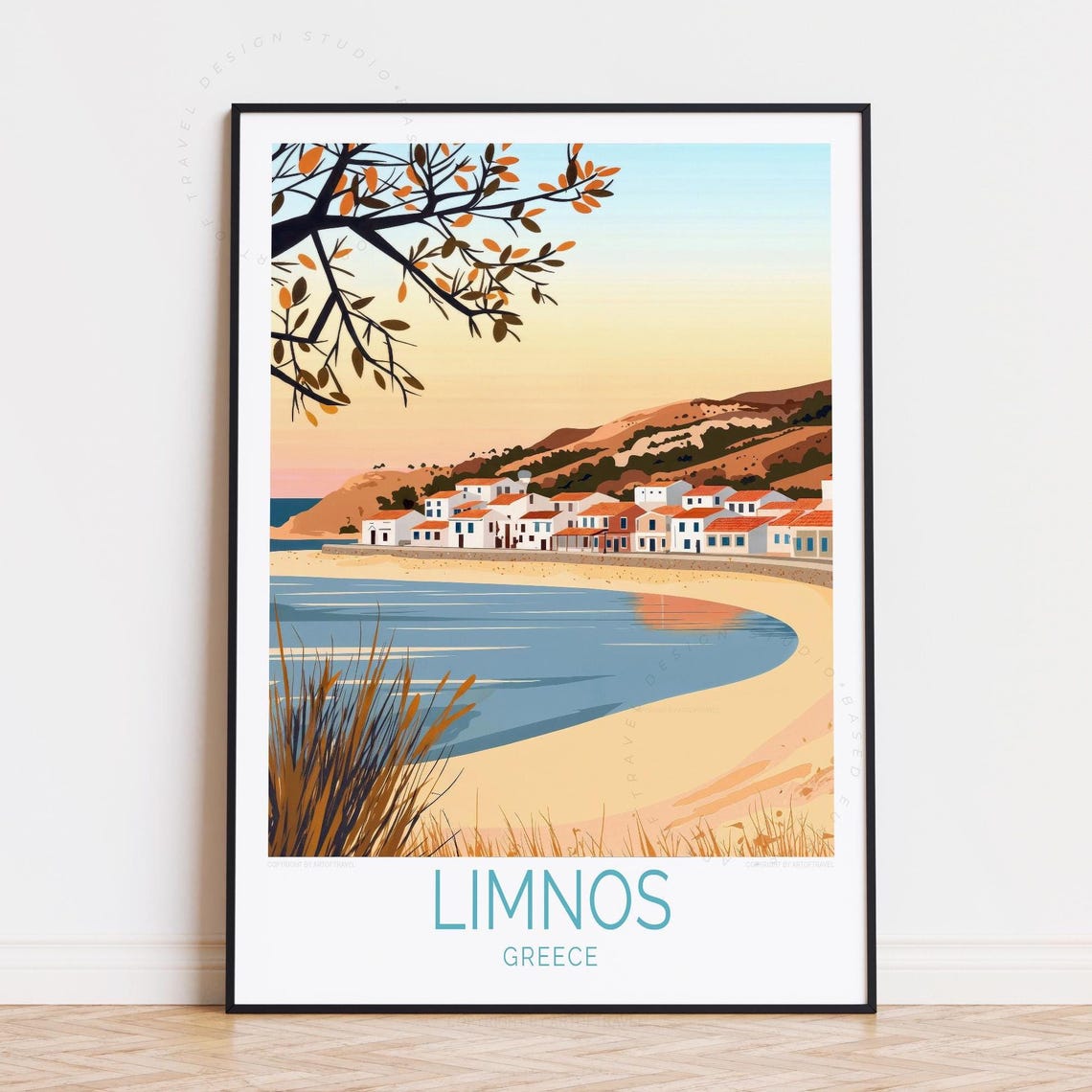 Limnos Greece Golden Sunset Bay Whitewashed Village Travel Poster