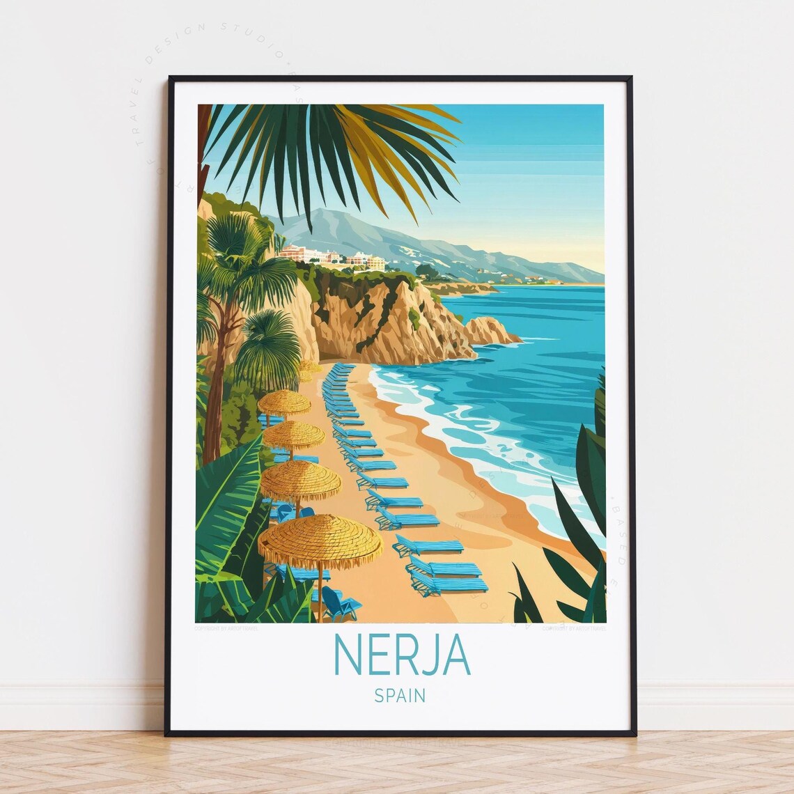Nerja Spain Palm Fringed Beach Thatch Parasols Golden Cliff Poster