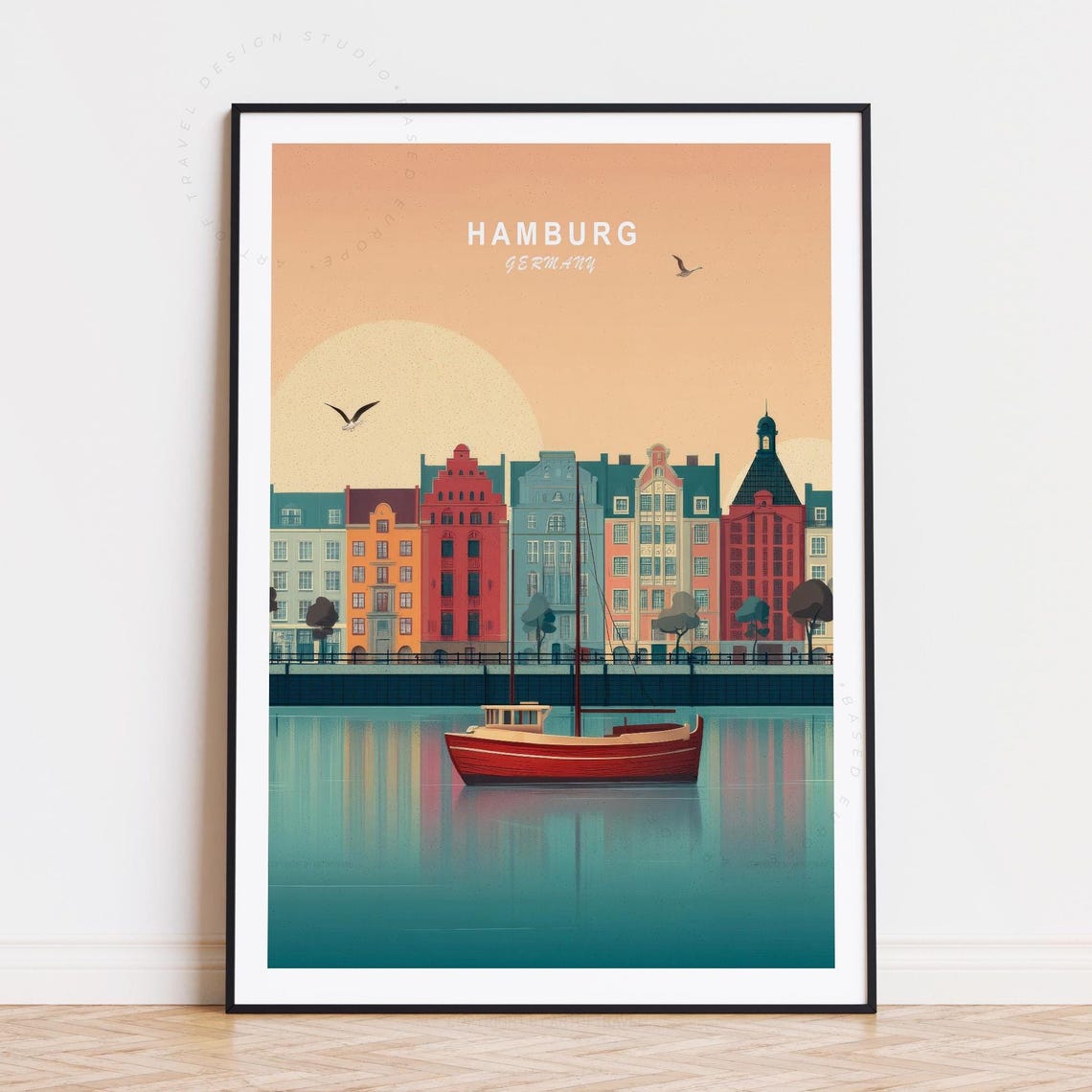 Hamburg Germany Travel Poster, Minimalist Cityscape