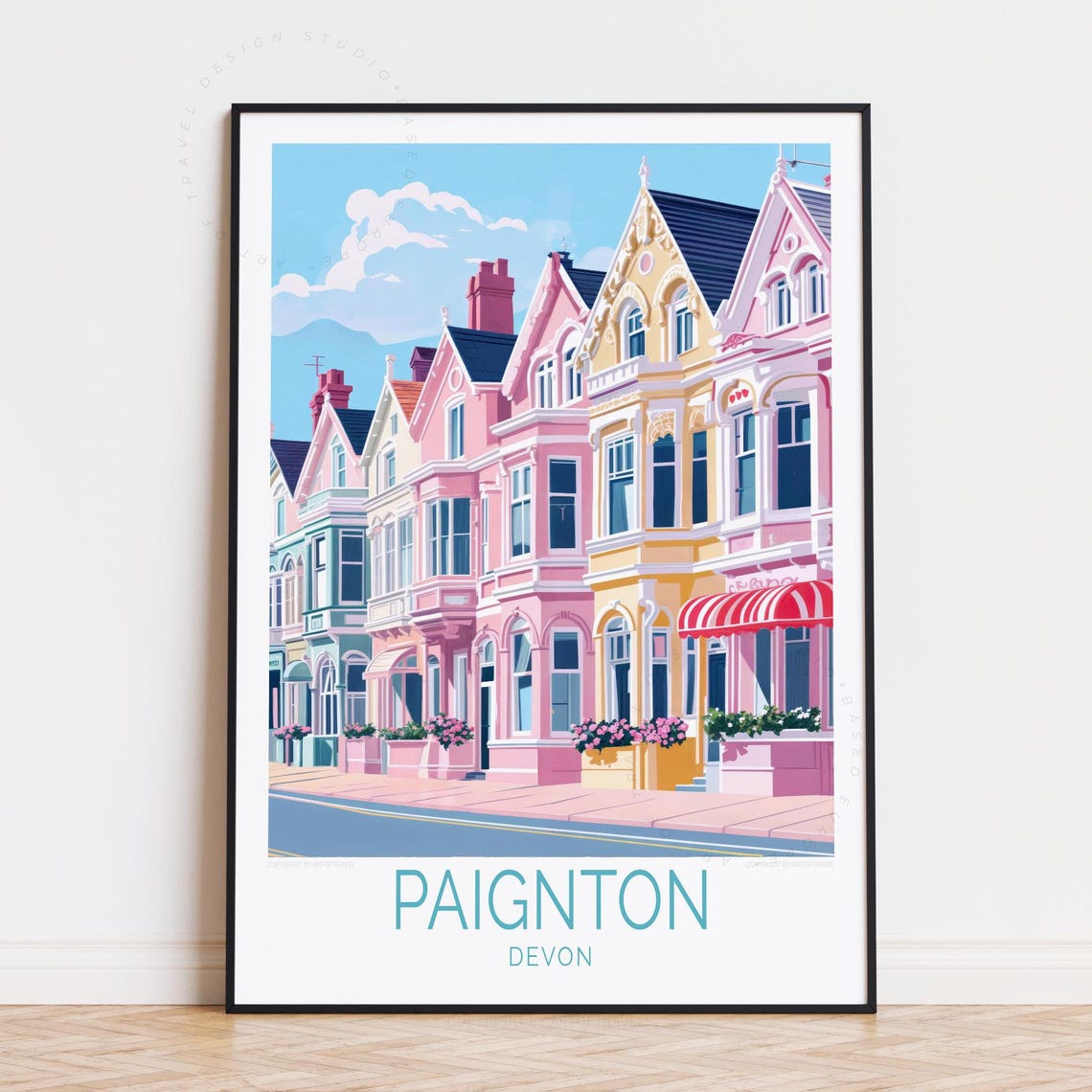 Paignton Devon Travel Poster Colorful Victorian Seafront Houses Art