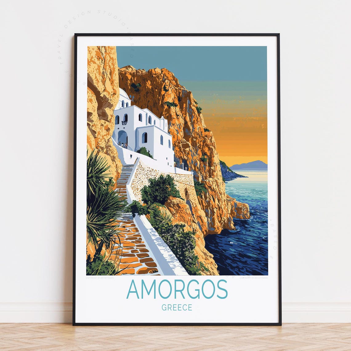 Amorgos Greece Cliffside Monastery Aegean Sunset Travel Art Poster