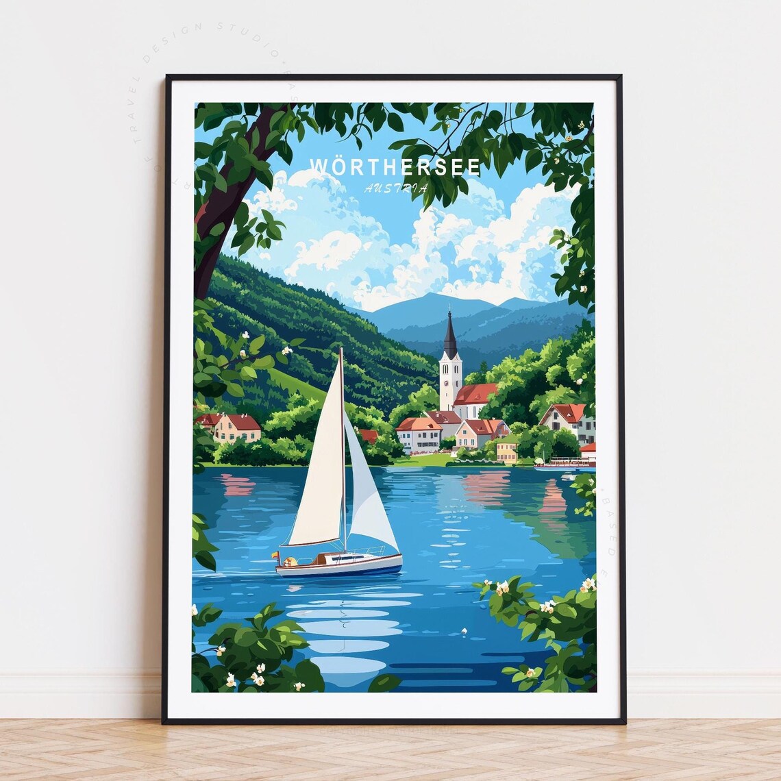 Woerthersee Austria Sailboat On Alpine Lake Village View Poster
