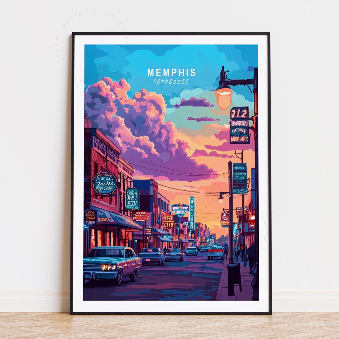 Memphis Tennessee Sunset Boulevard Neon Signs Vintage Travel Poster
