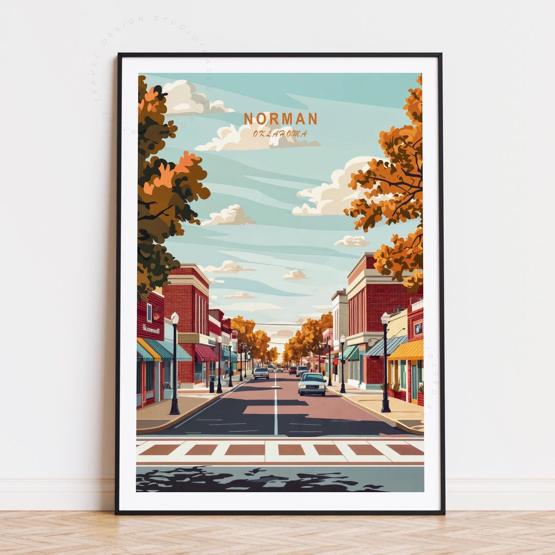 Norman Oklahoma Downtown Main Street Autumn Trees Travel Poster