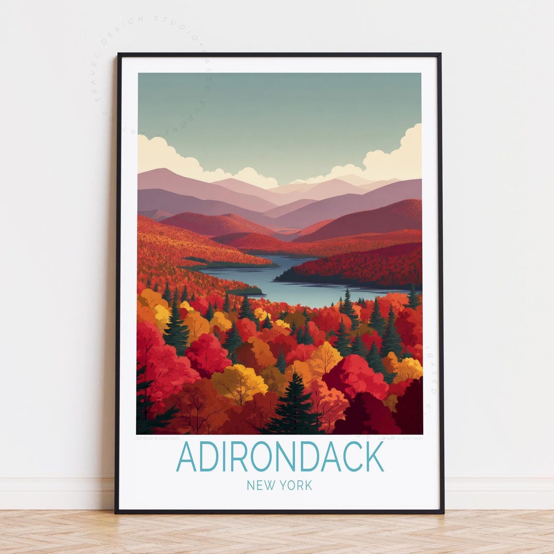 Adirondack New York Autumn Forest Lake Scenic Vintage Travel Poster