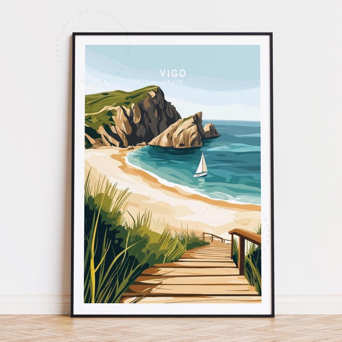 Vigo Spain Rocky Cliff Beach Boardwalk Sailboat Sea Travel Poster