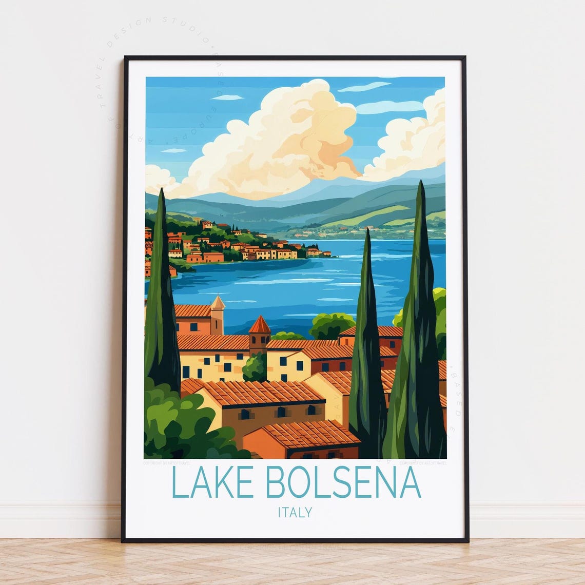 Lake Bolsena Italy Cypress Trees and Lakeside Village Poster