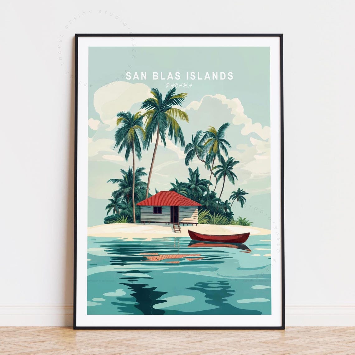 San Blas Islands Panama Palm Trees Island Hut Lagoon Travel Poster