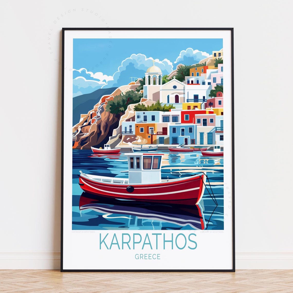 Karpathos Greece Red Fishing Boat Harbor Colorful Coast Poster
